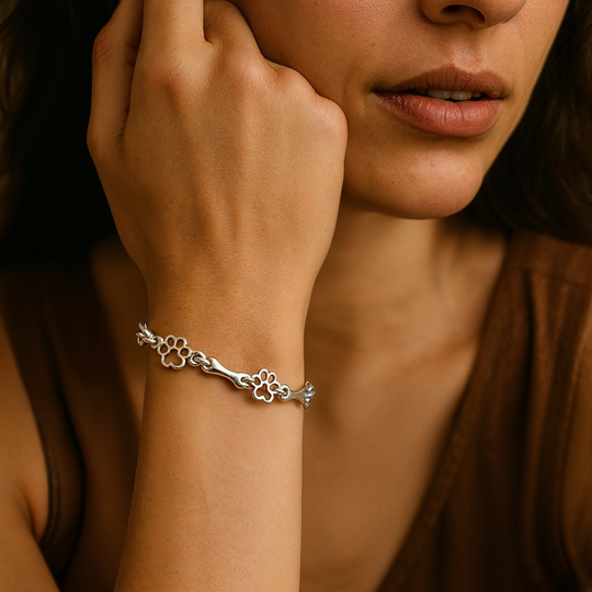 Silberarmband mit Pfotenabdruck und Knochenmotiv