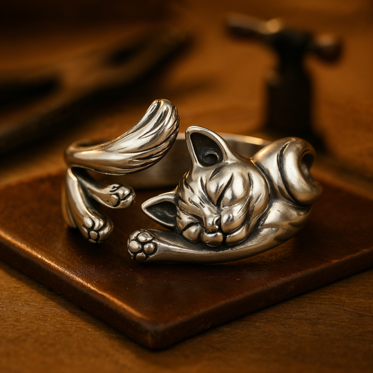 Silberring mit schlafender Katze