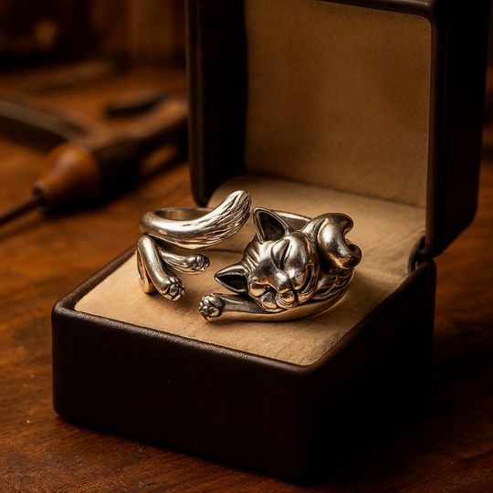 Silberring mit schlafender Katze