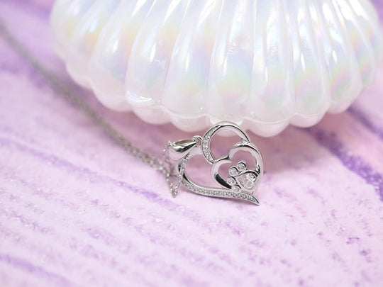Halskette aus Sterlingsilber mit Pfotenabdruck, Herz und Zirkonia