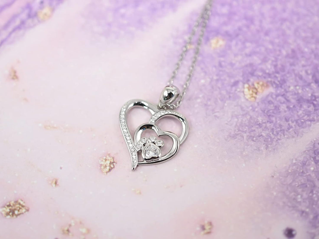 Halskette aus Sterlingsilber mit Pfotenabdruck, Herz und Zirkonia