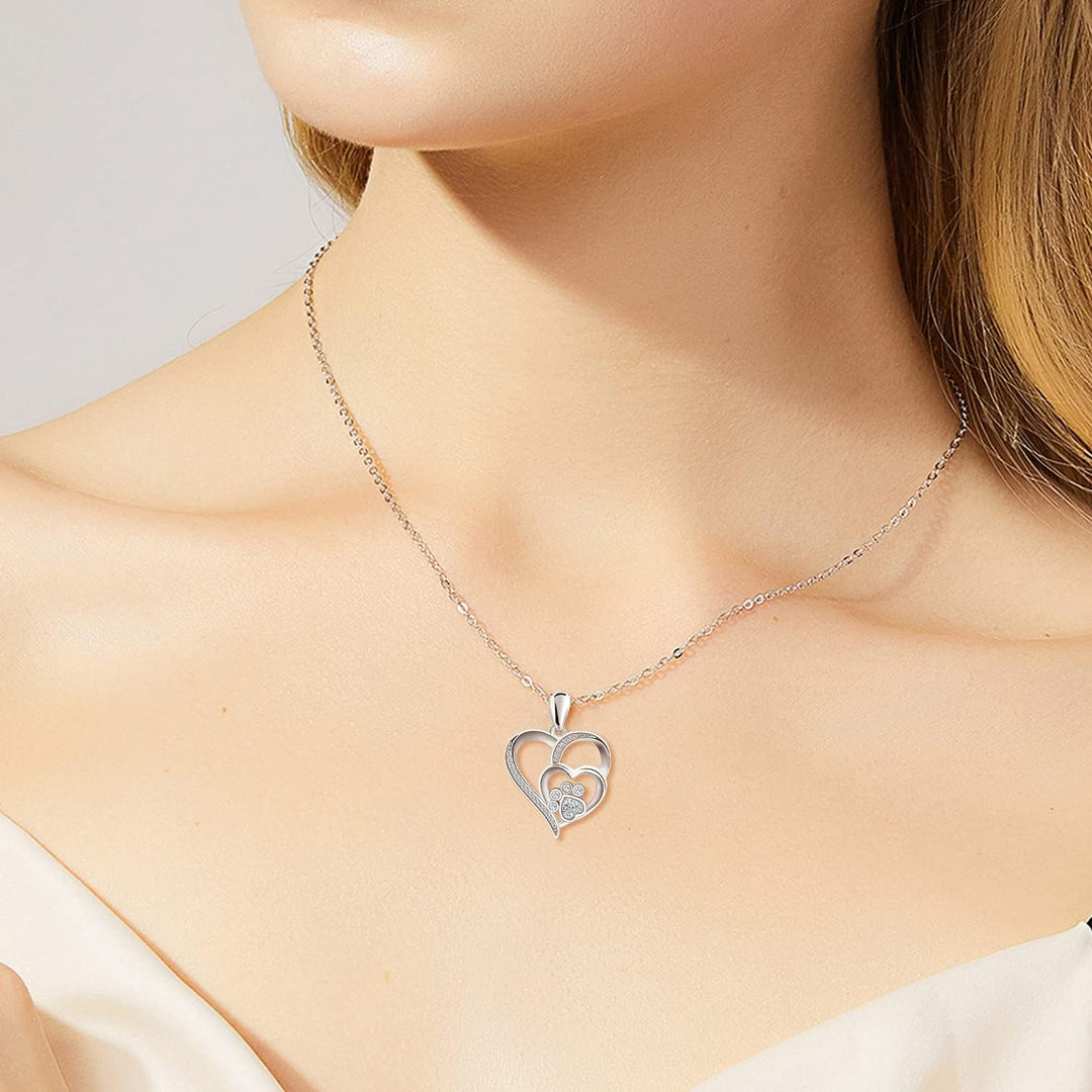 Halskette aus Sterlingsilber mit Pfotenabdruck, Herz und Zirkonia