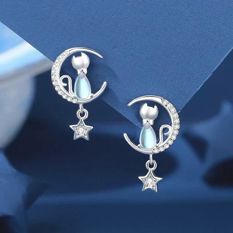 Ohrringe mit Katze, Mond und Stern in 925er Sterlingsilber