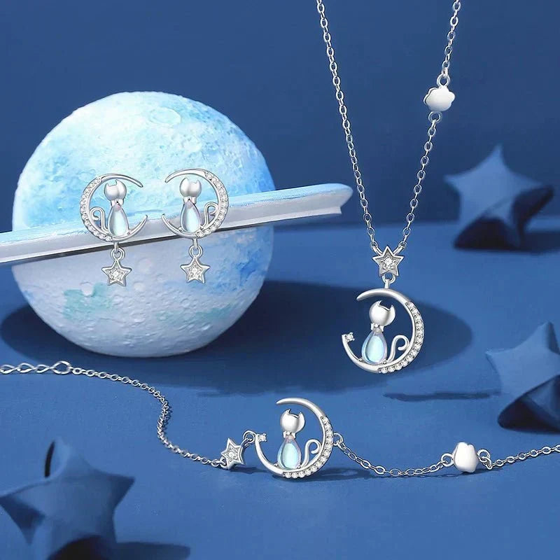 Ohrringe mit Katze, Mond und Stern in 925er Sterlingsilber