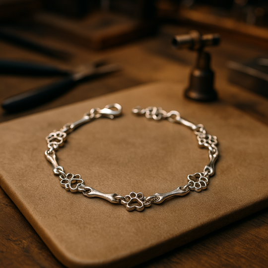 Silberarmband mit Pfotenabdruck und Knochenmotiv