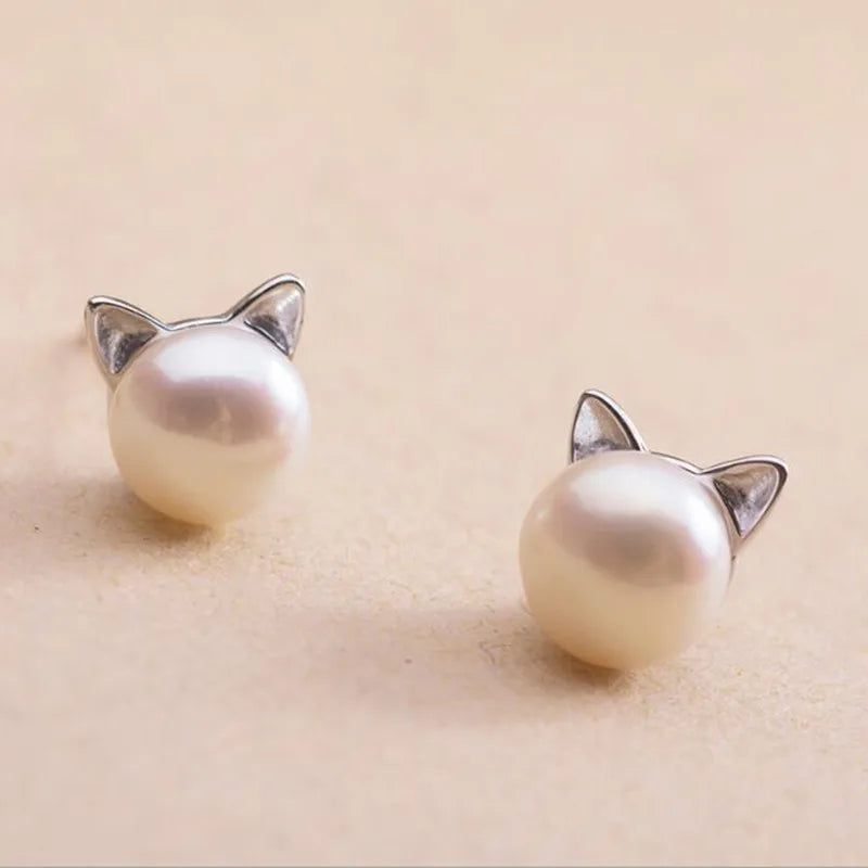 Perlenohrringe aus Sterlingsilber, Katzenohren