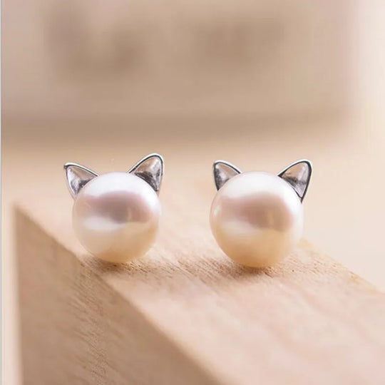 Perlenohrringe aus Sterlingsilber, Katzenohren
