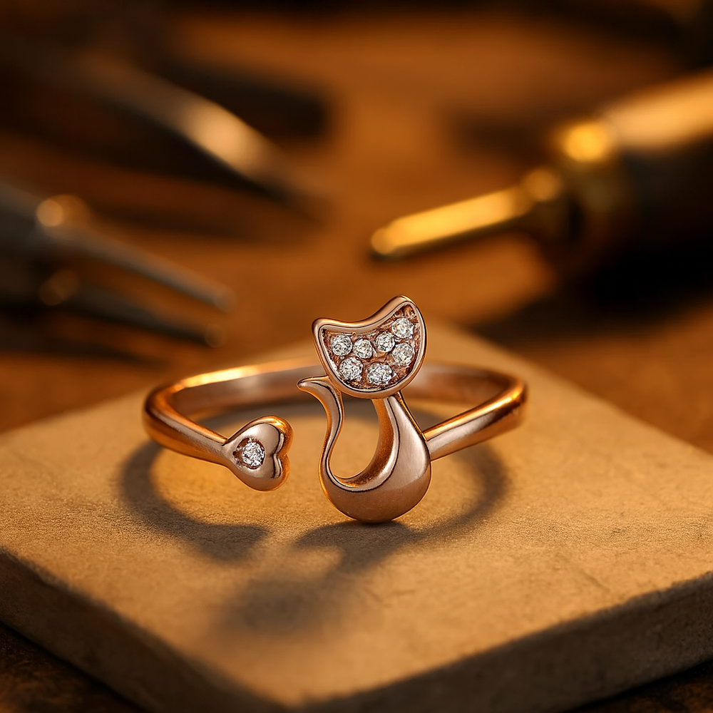 Süßer offener Ring mit Katzen- und Zirkoniamotiv