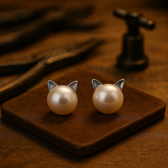 Perlenohrringe aus Sterlingsilber, Katzenohren