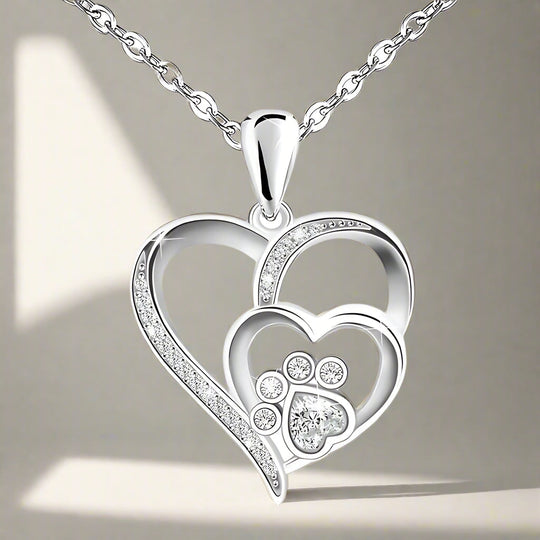 Halskette aus Sterlingsilber mit Pfotenabdruck, Herz und Zirkonia